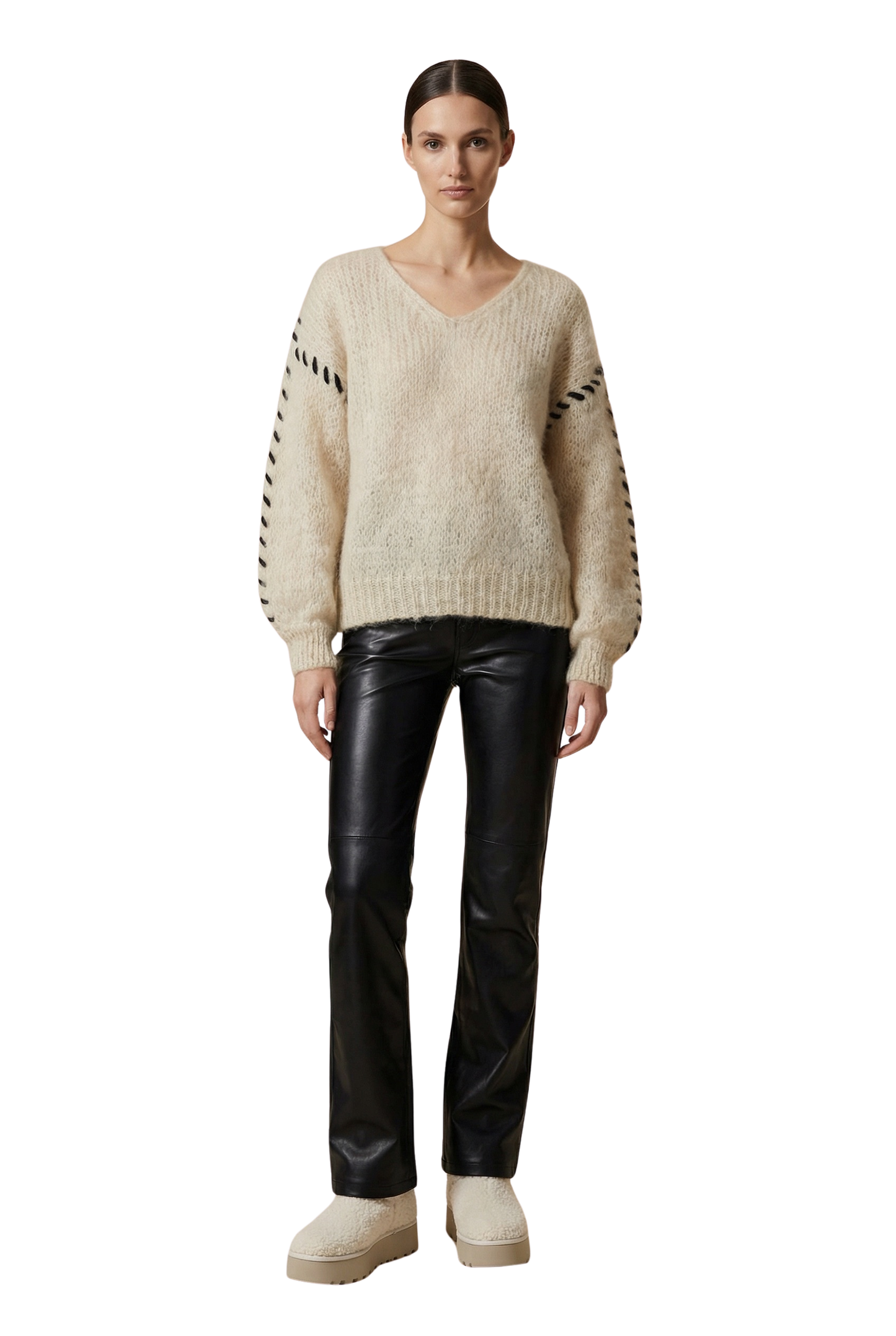 Milana LS Mohair Knit Stitching Beige