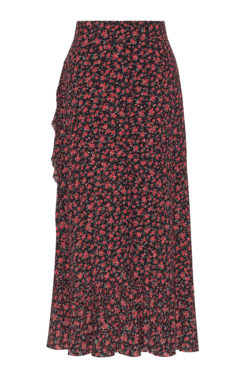 Milly Wrap Skirt Long Black/Red Flower