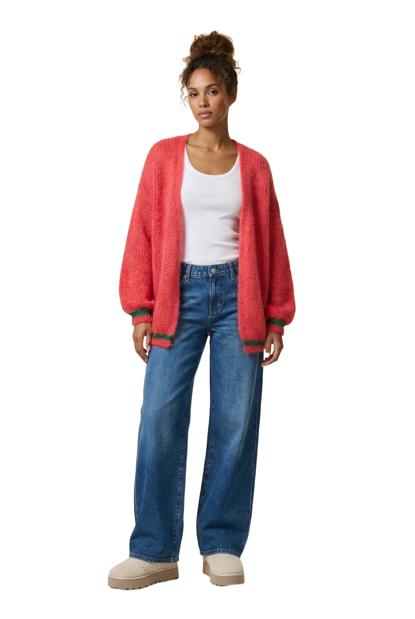 Olivia Mohair Cardigan Coral Red W/Jade Green Lurex