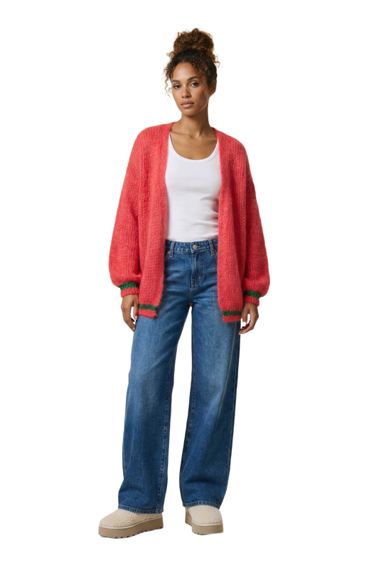 Olivia Mohair Cardigan Coral Red W/Jade Green Lurex
