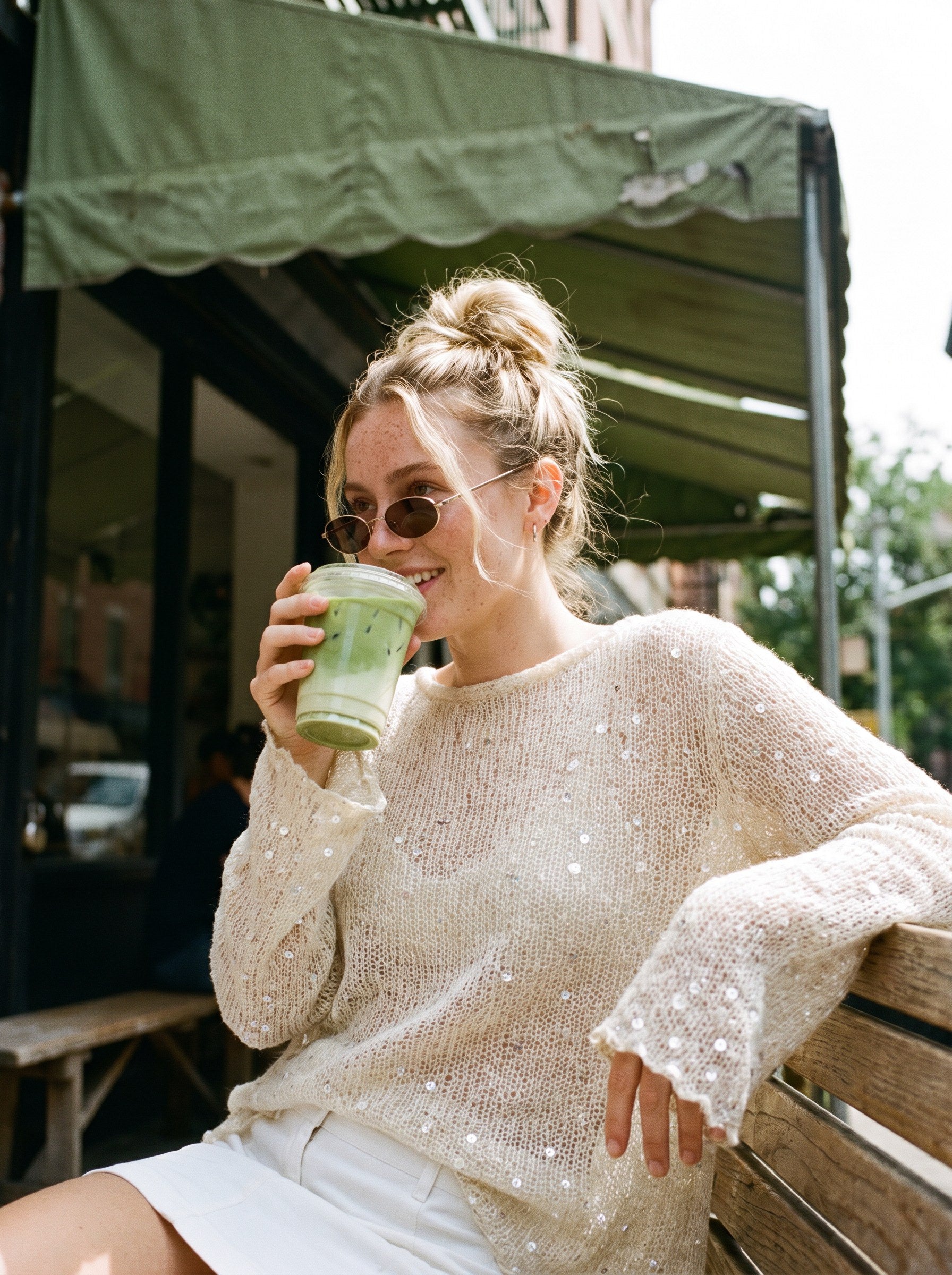 Anya Shimmer Pullover Cream - NYC street style