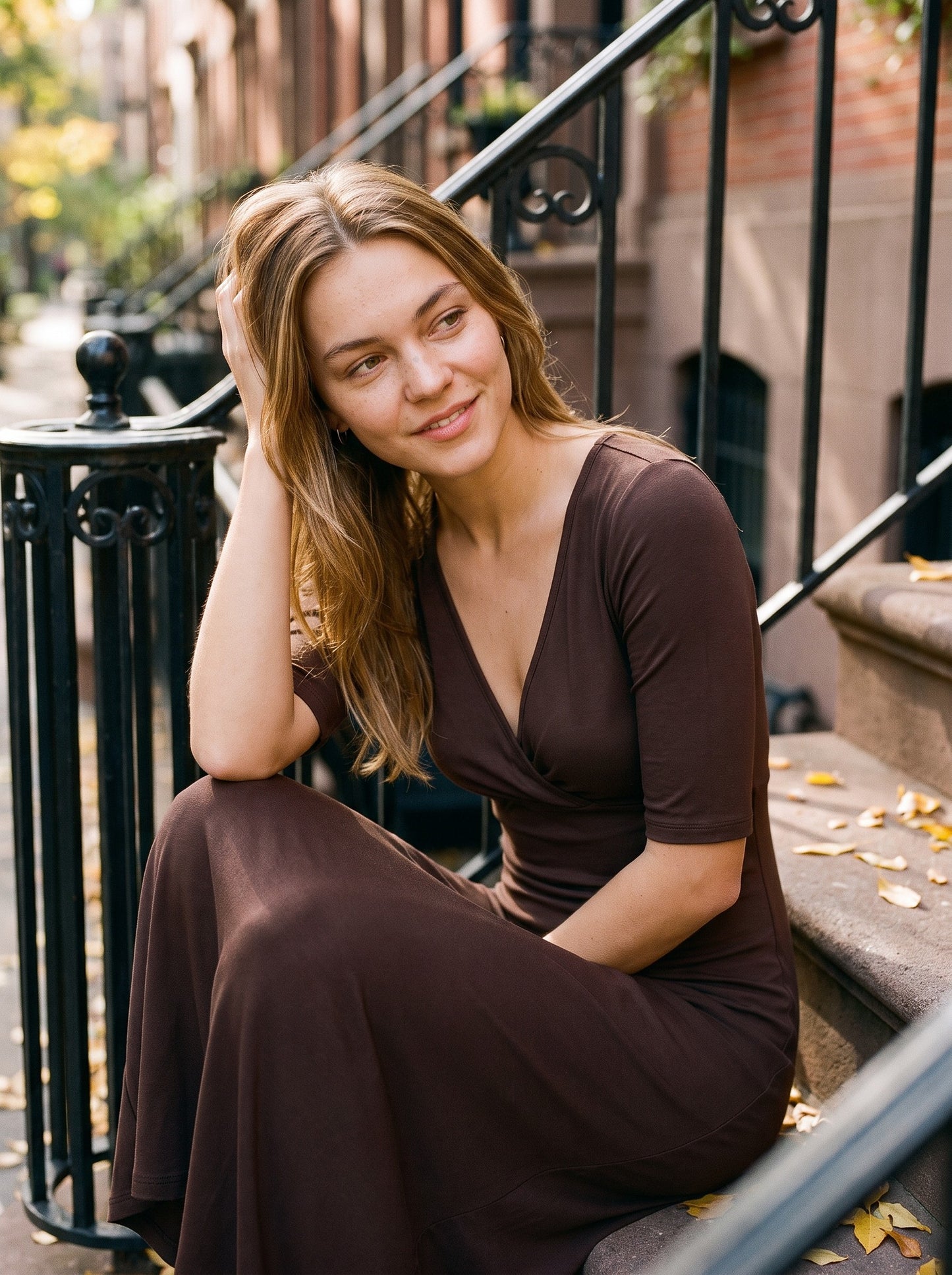Talia Half Sleeve V-Neck Long Dress Cocoa - NYC street style