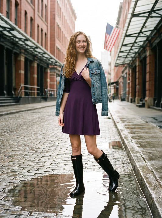 Talia Half Sleeve V-Neck Short Dress Aubergine - NYC street style