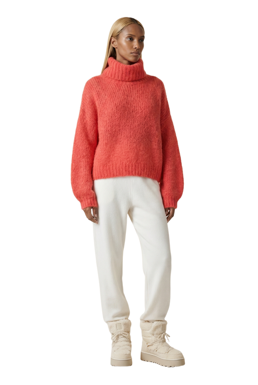 Pepper Roll Neck Alpaca Pullover Cropped Coral Red