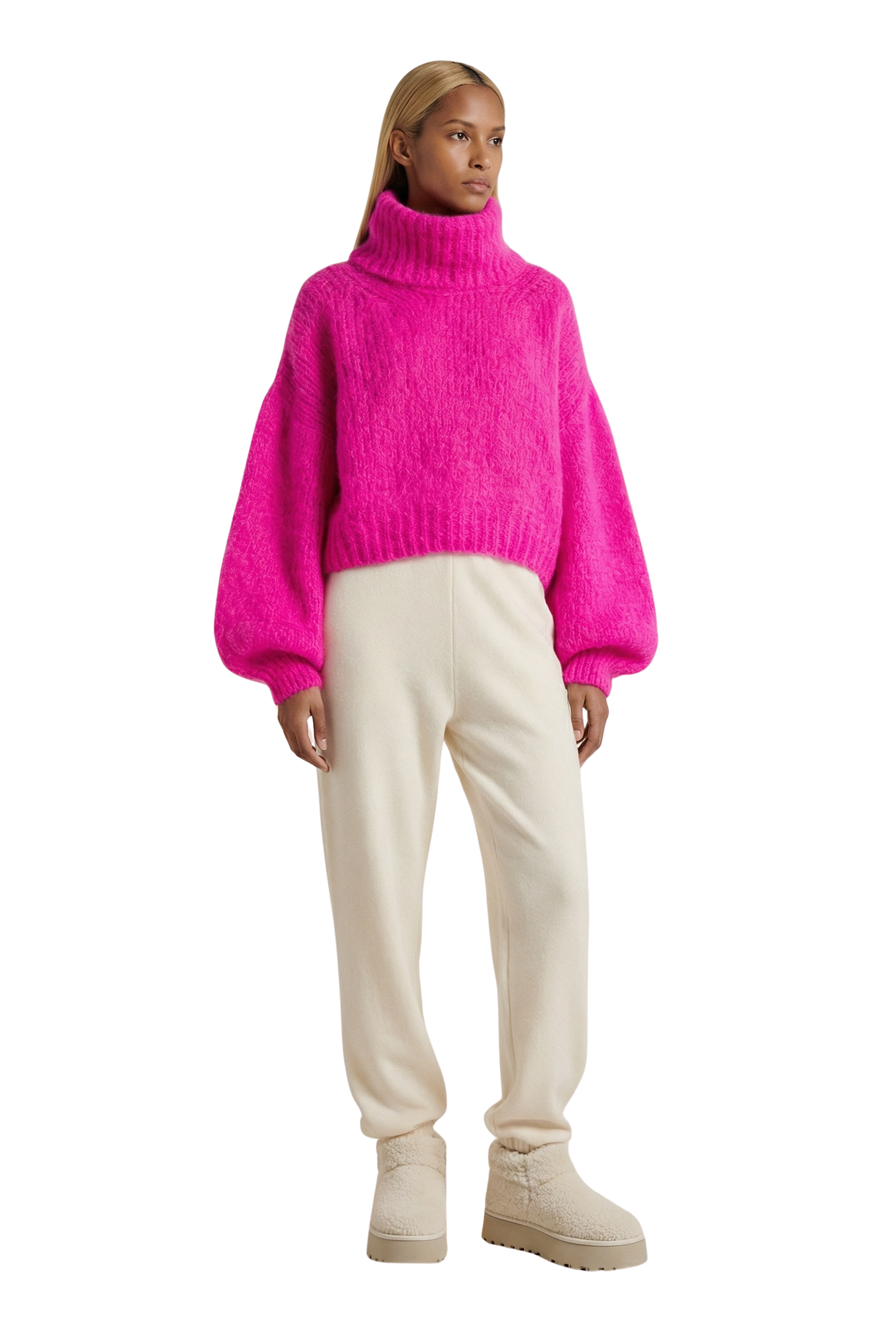 Pepper Roll Neck Alpaca Pullover Cropped Neon Pink