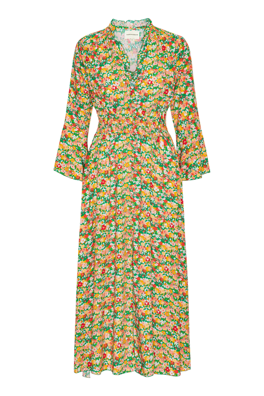 Sally Long Dress Green Big Multi Flower