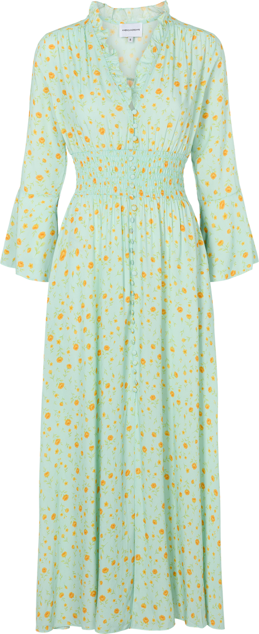Sally Long Dress Mint Yellow Flower