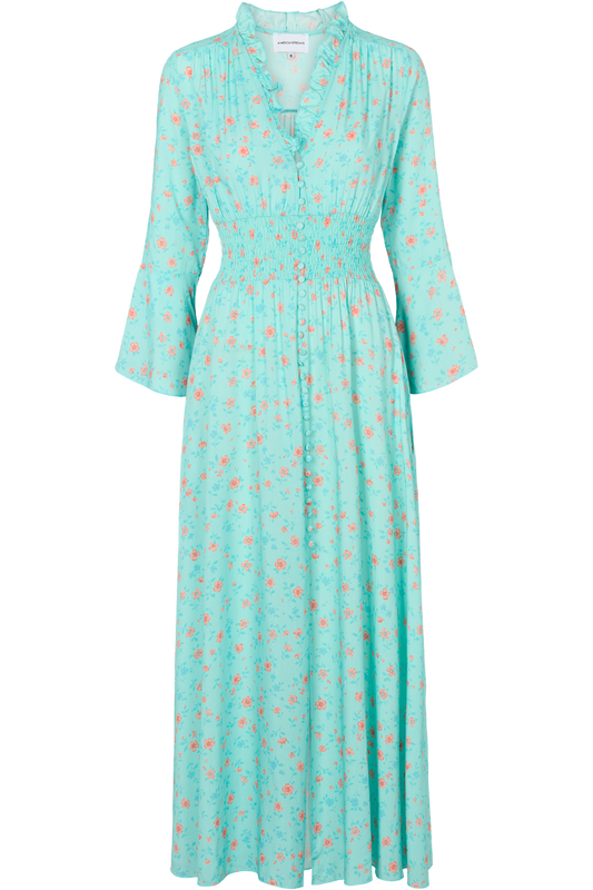 Sally Long Dress Turquoise Pink Flower