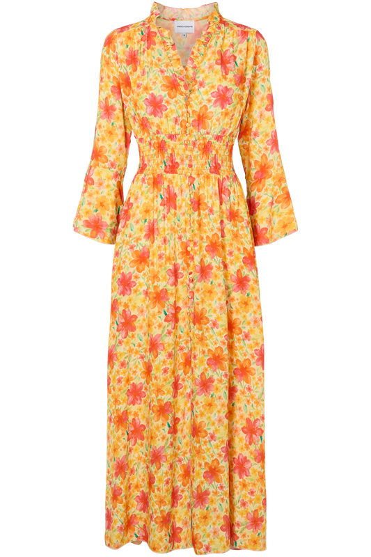 Sally Long Dress Yellow Red Exotic Flower
