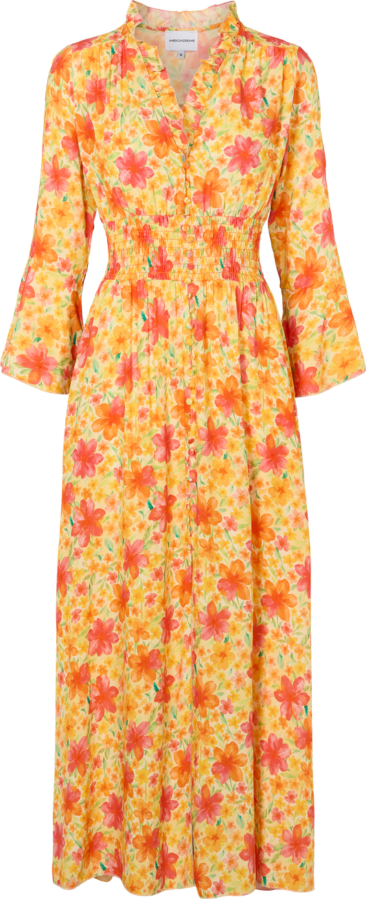Sally Long Dress Yellow Red Exotic Flower