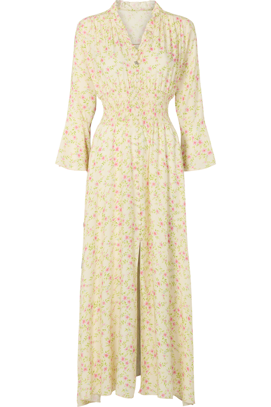 Sally Long Dress Light Yellow W/Pink Flower