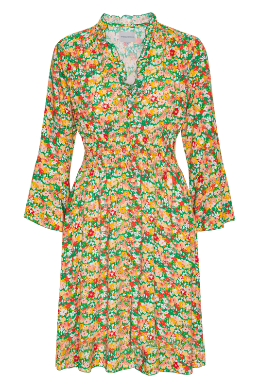 Sally Short Dress Green Big Multi Flower