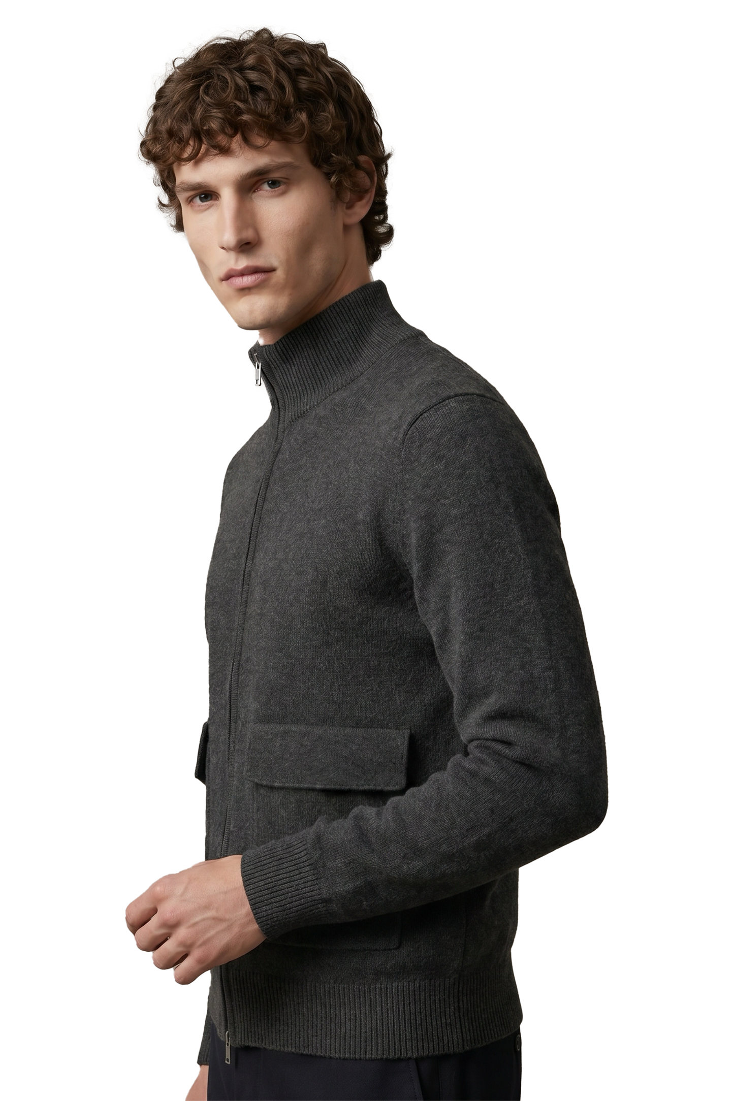 Son High Neck Cashmere Cardigan Dark Grey