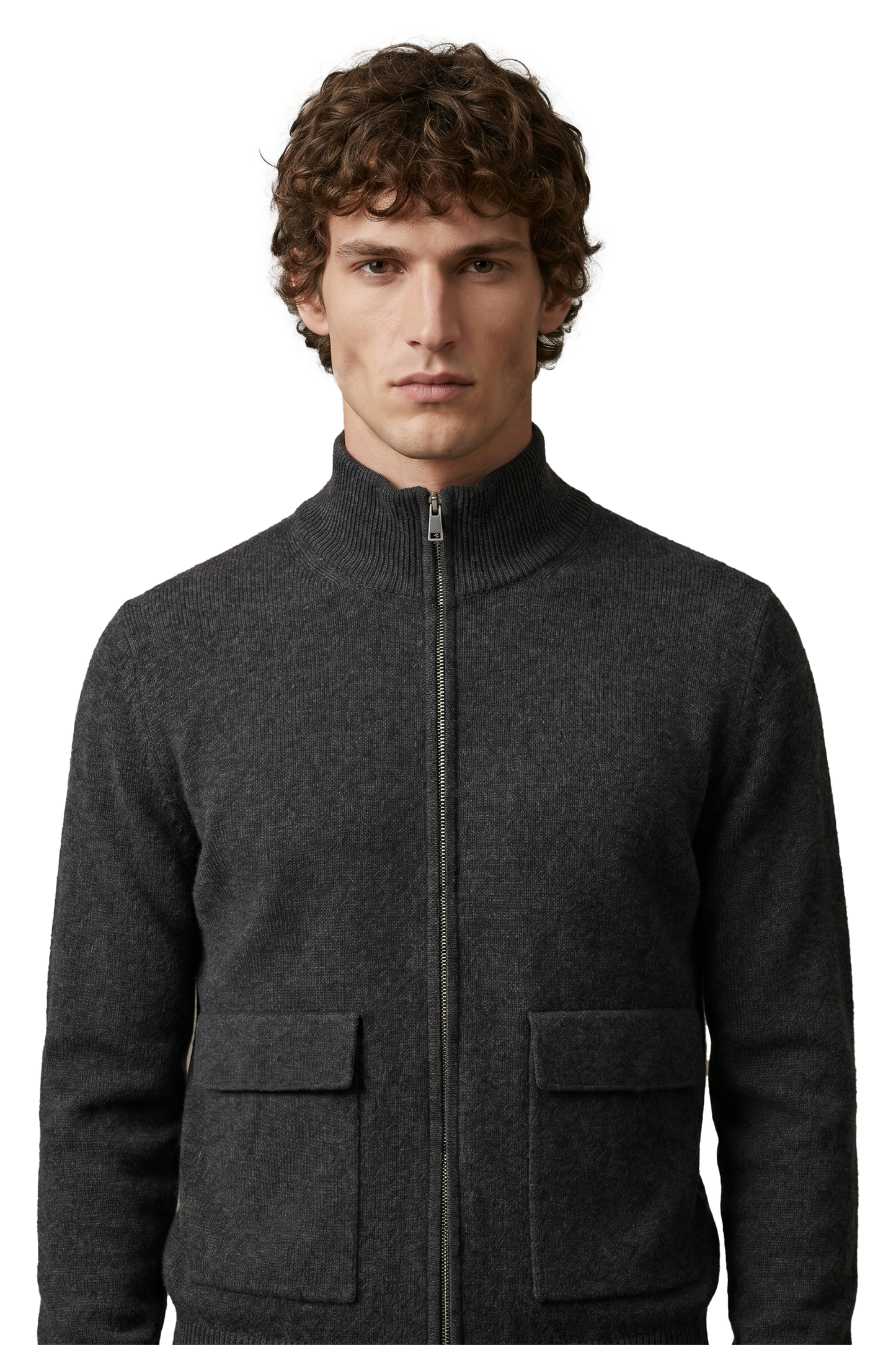 Son High Neck Cashmere Cardigan Dark Grey