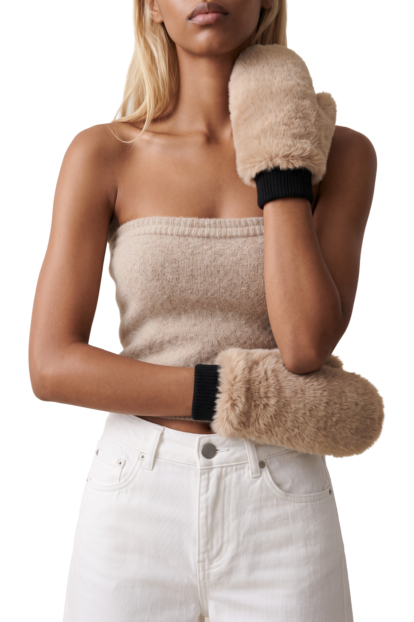 Ted Faux Fur Mittens Taupe