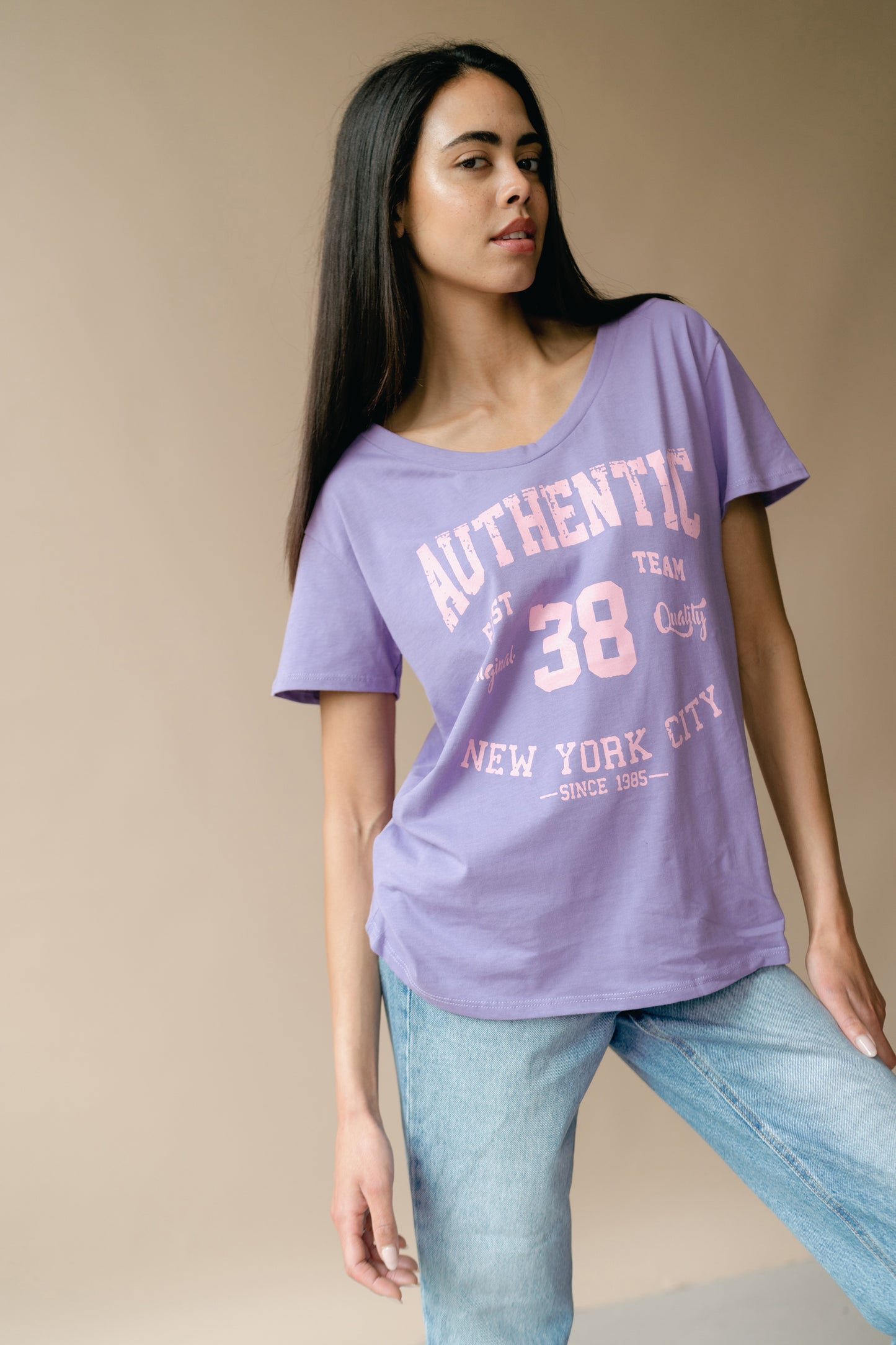 T-shirt Lilac 38 East Authentic Cotton Tee W/Pink Letters