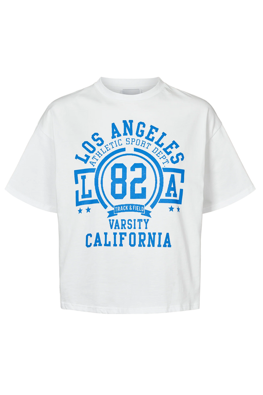 T-Shirt Cropped White LA California Cotton Tee W/Sky Blue Letters