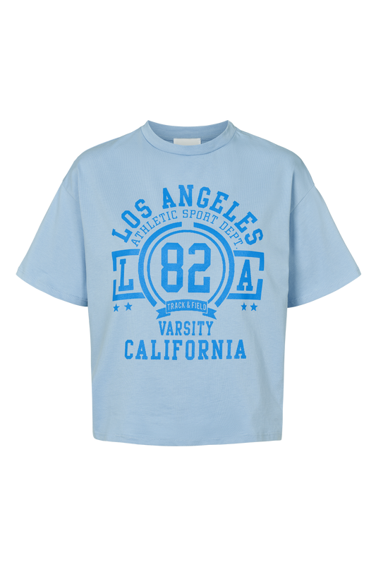 T-Shirt Cropped Light Blue LA California Cotton Tee W/Blue Letters