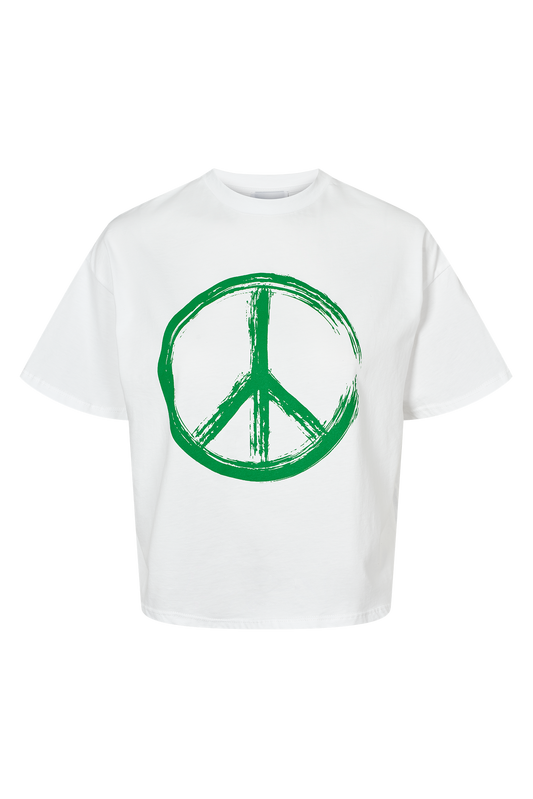 T-Shirt Cropped White Peace Cotton Tee W/ Green Letters