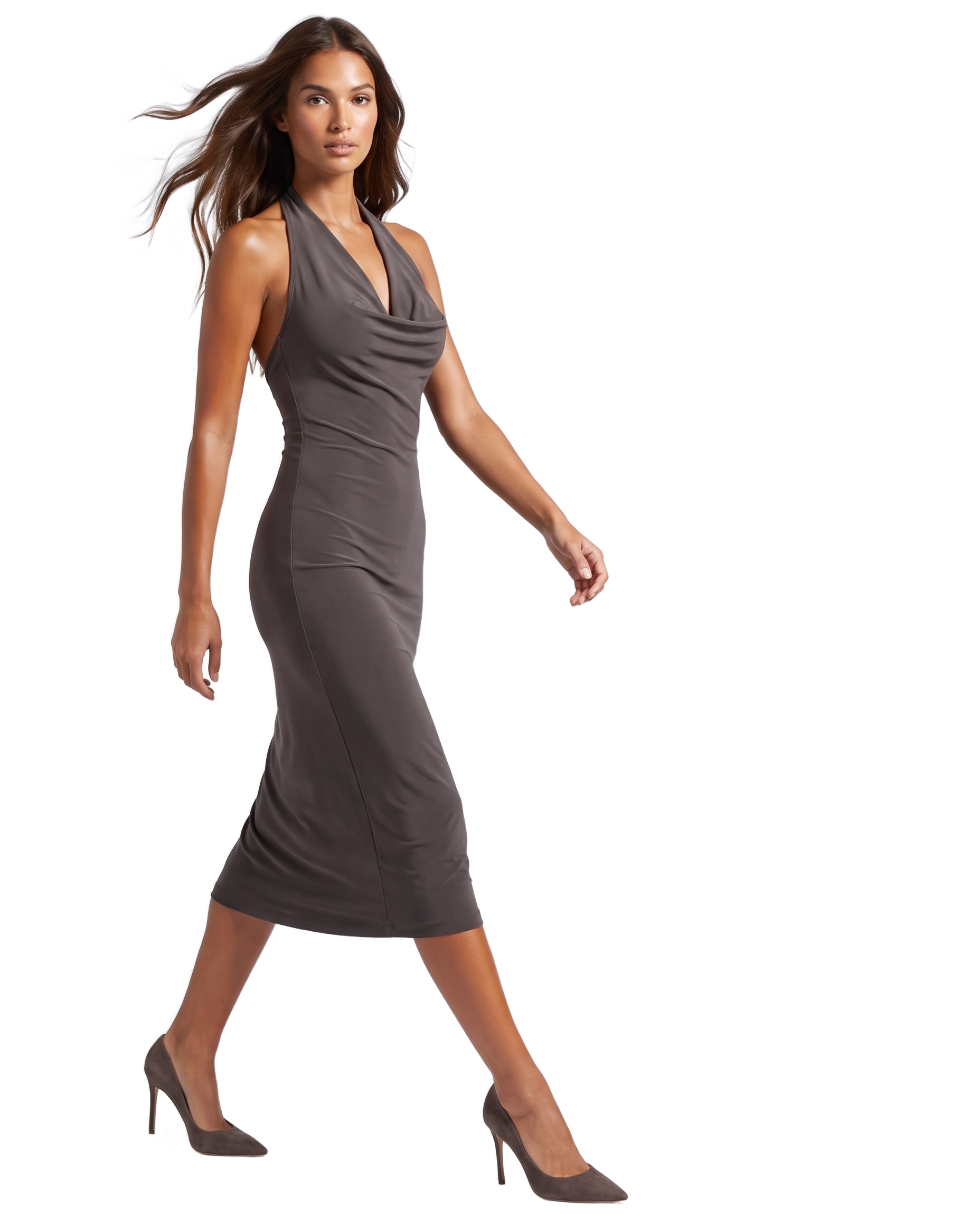 Olia Cowl Neck Dress Dark Taupe - model