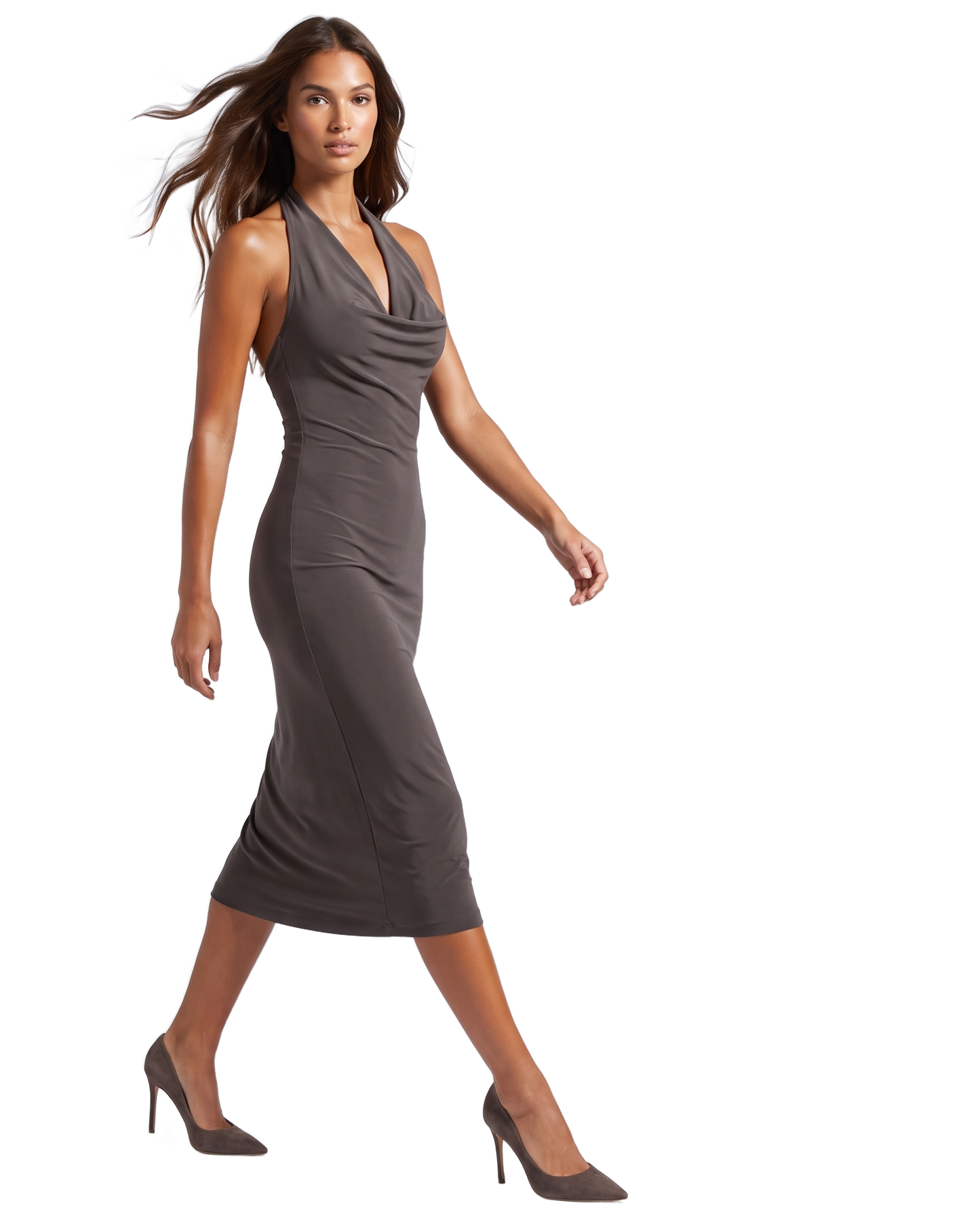 Olia Cowl Neck Dress Dark Taupe - model