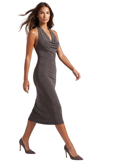 Olia Cowl Neck Dress Dark Taupe - model