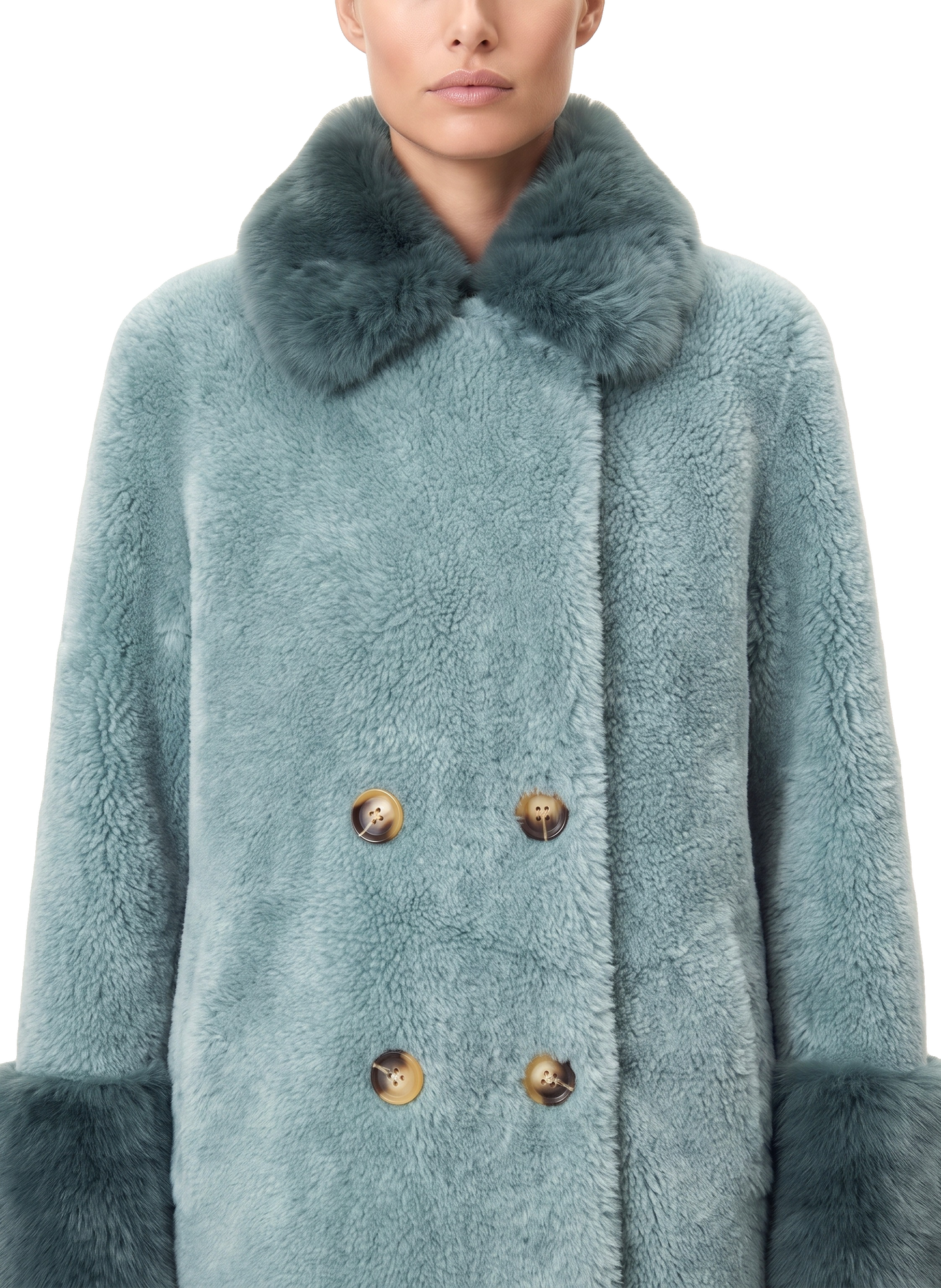 Fiona Wool Coat Long Turquoise Model Close