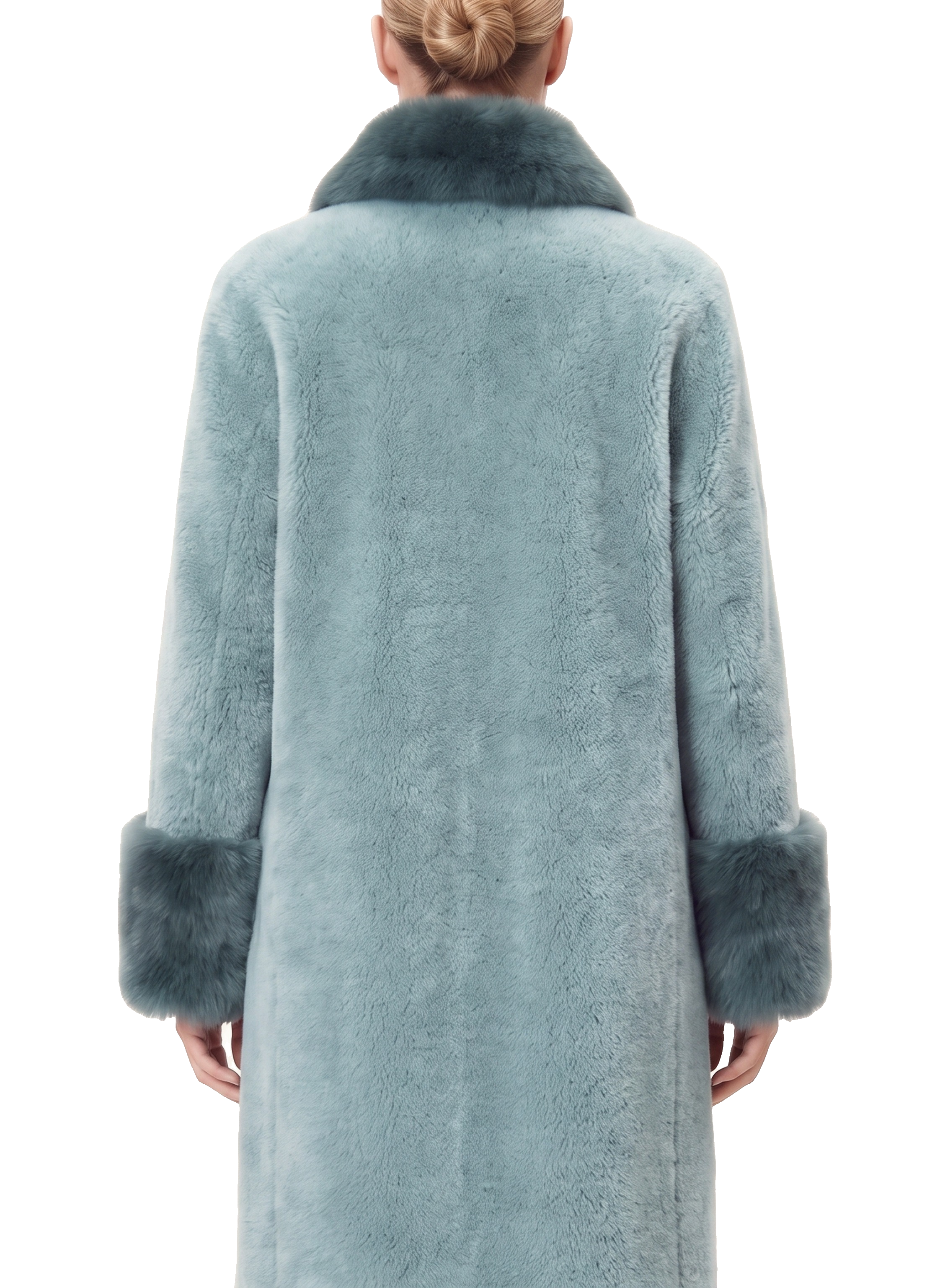 Fiona Wool Coat Long Turquoise Model Upper Back