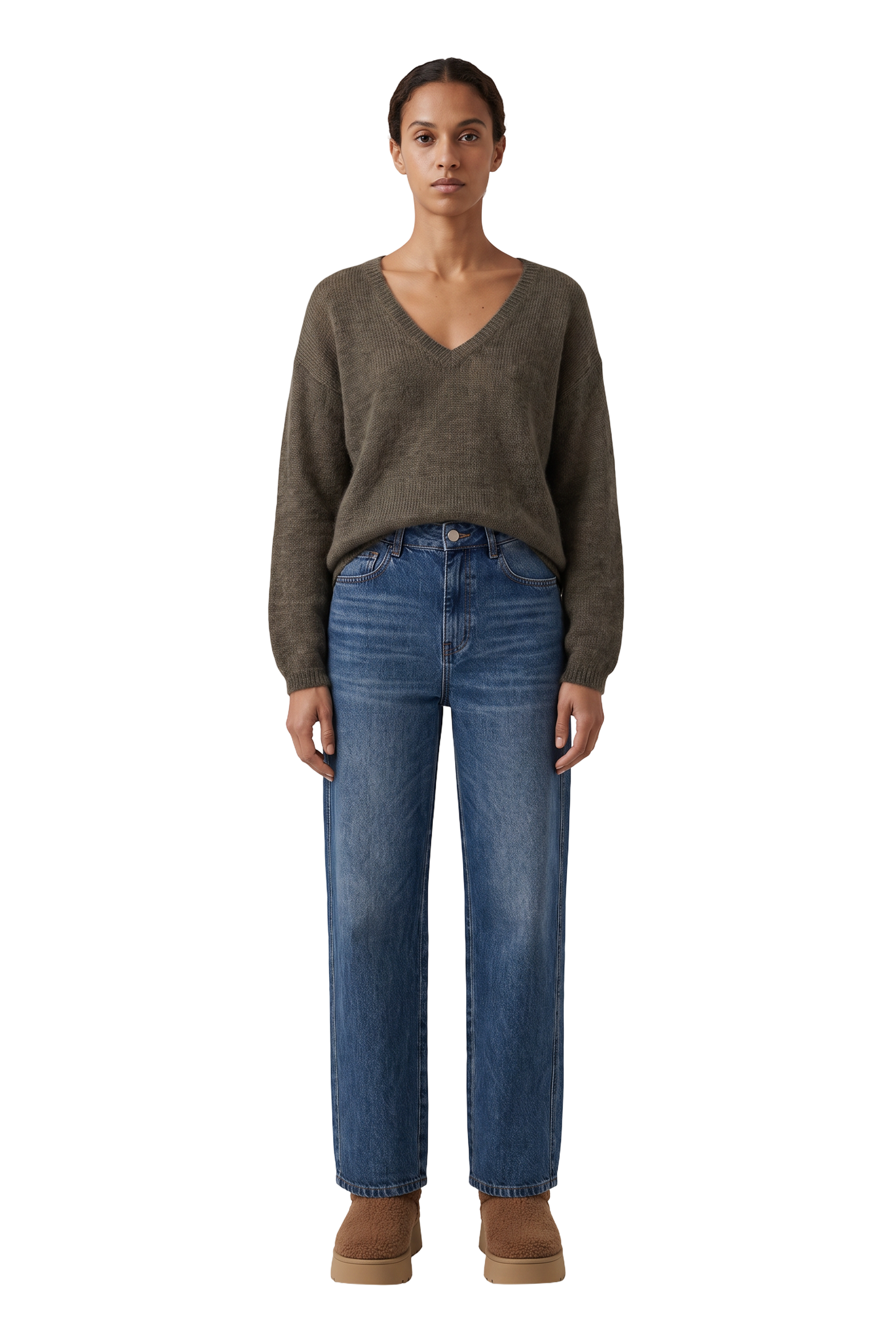 Silja V Neck Knit Dark Taupe - model