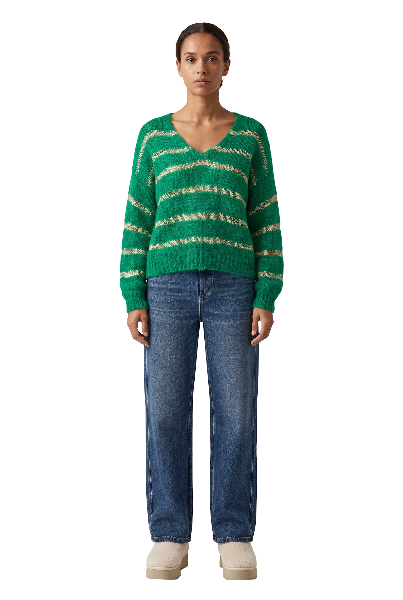 Katie LS Knit Emerald Green W/Gold - model