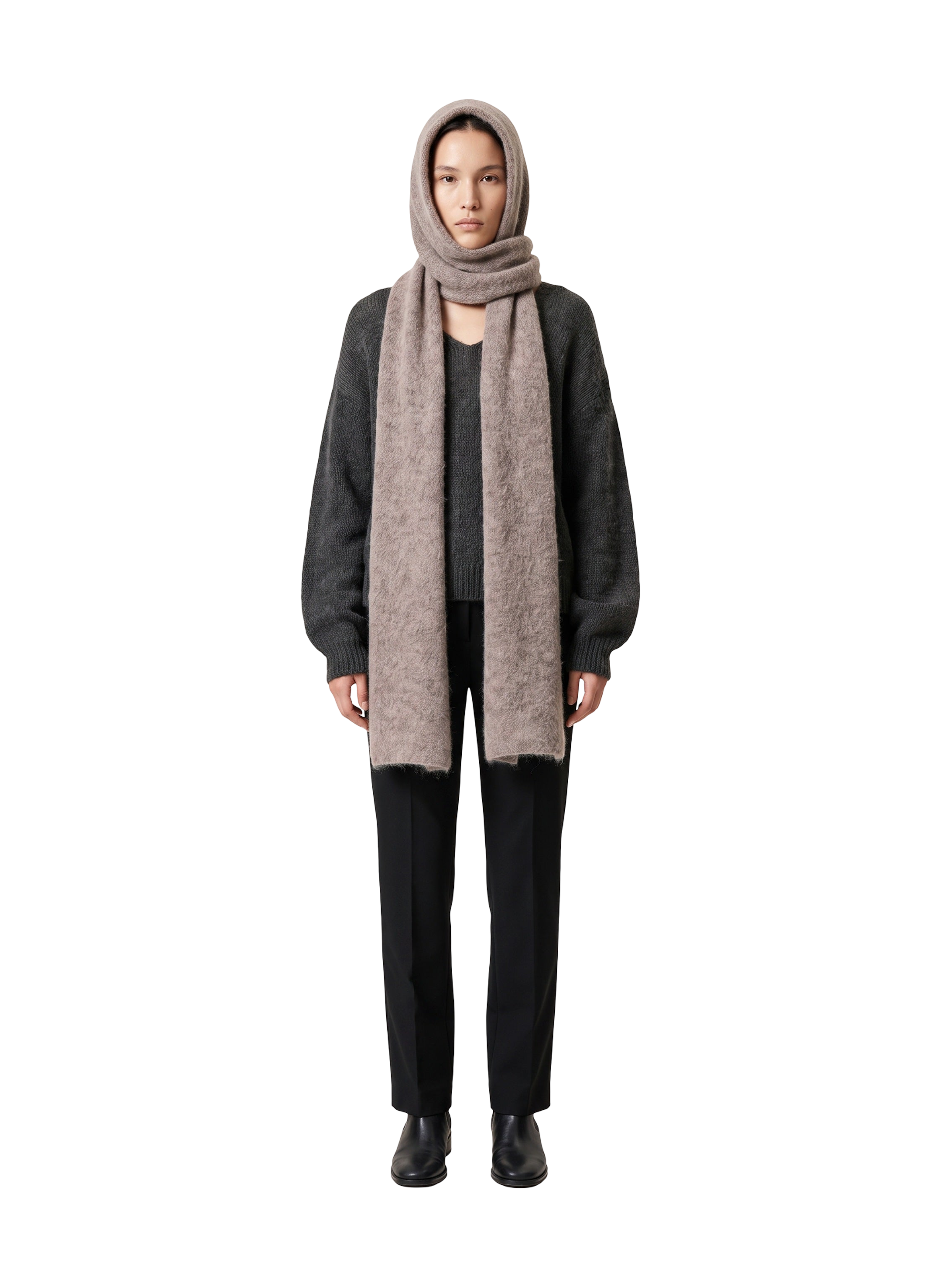 Penn Hooded Alpaca Scarf Light Taupe Model
