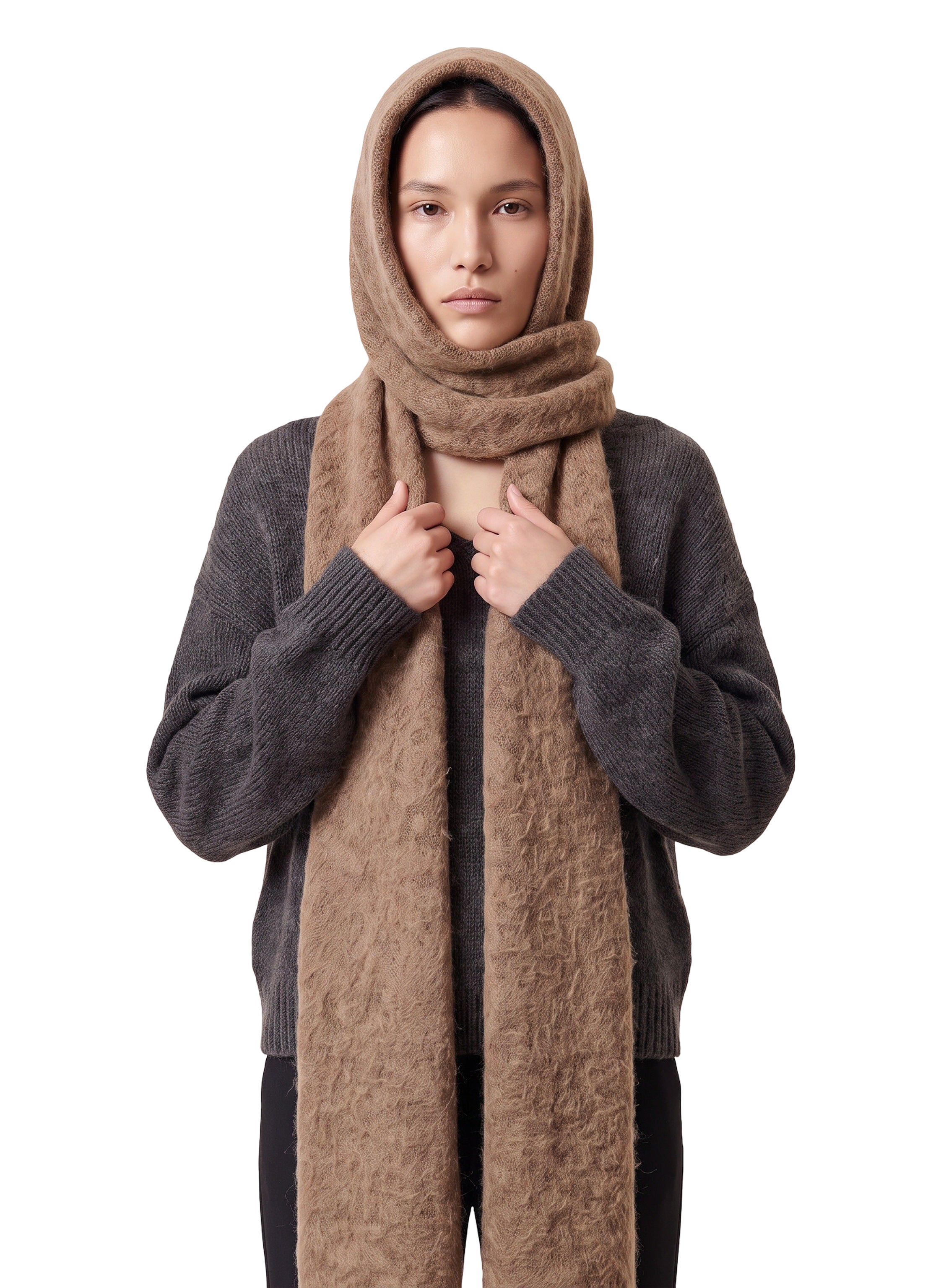 Penn Hooded Alpaca Scarf Medium Brown Model
