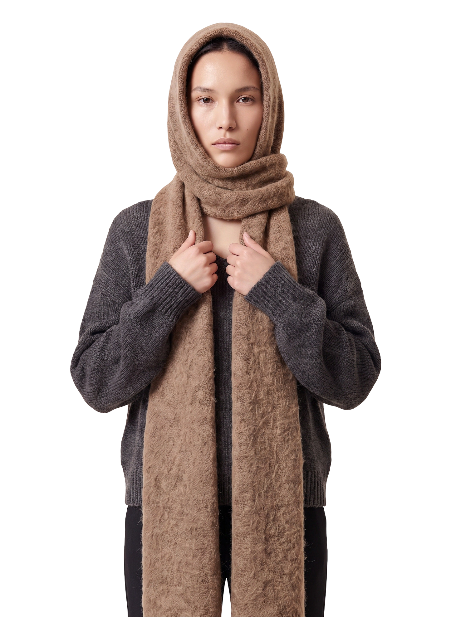 Penn Hooded Alpaca Scarf Medium Brown Model
