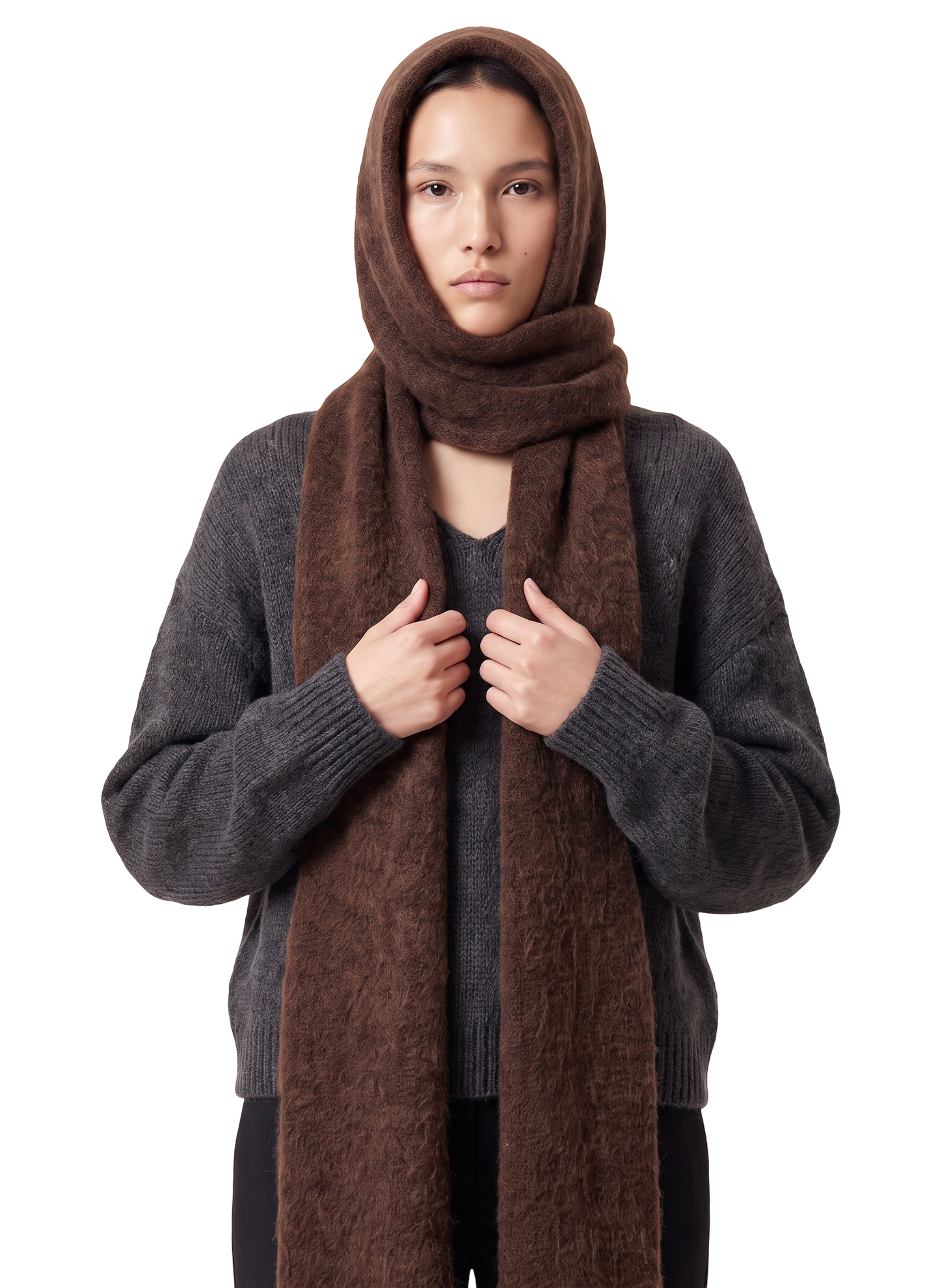 Penn Hooded Alpaca Scarf Cocoa Model