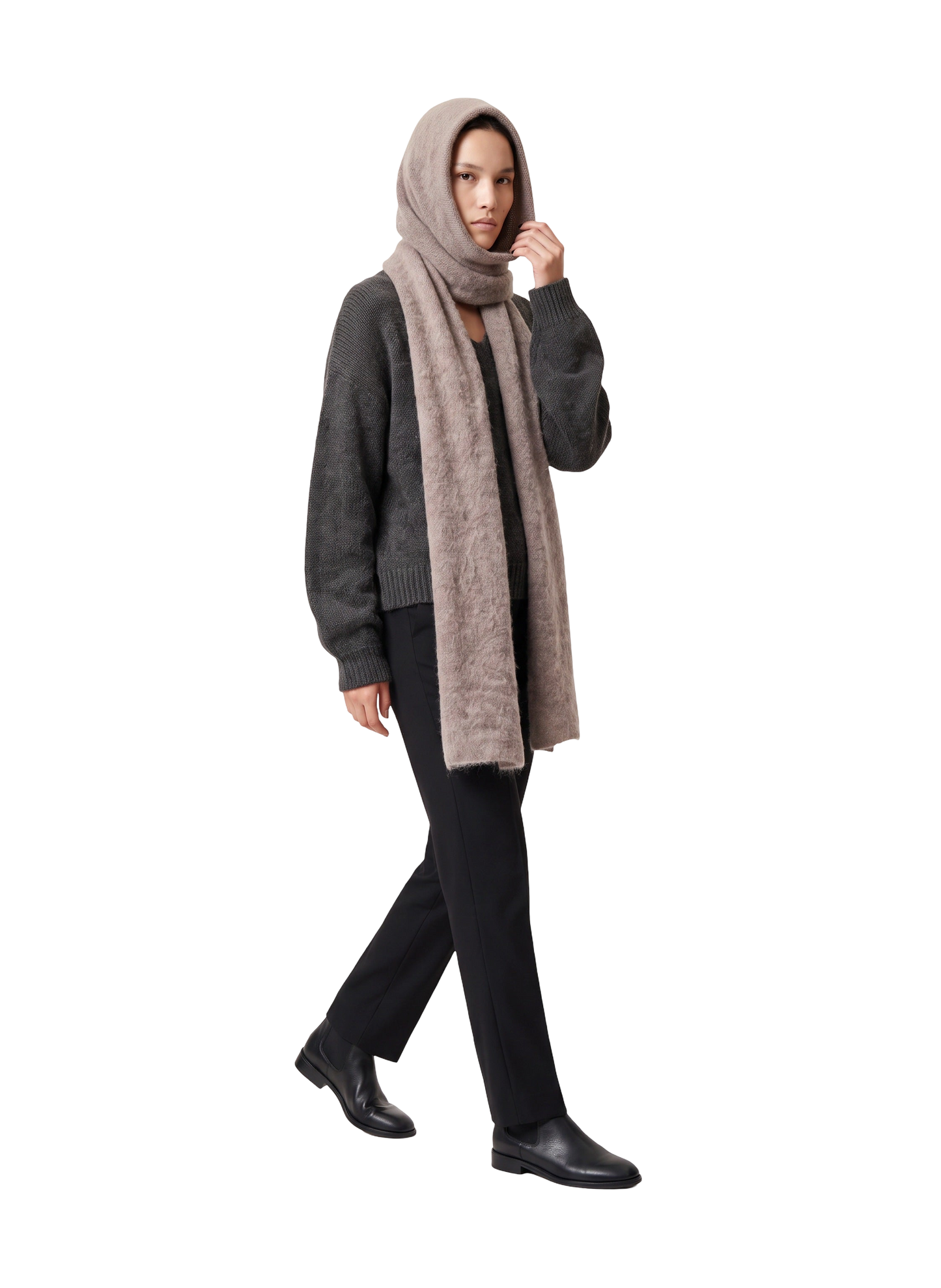 Penn Hooded Alpaca Scarf Light Taupe Model