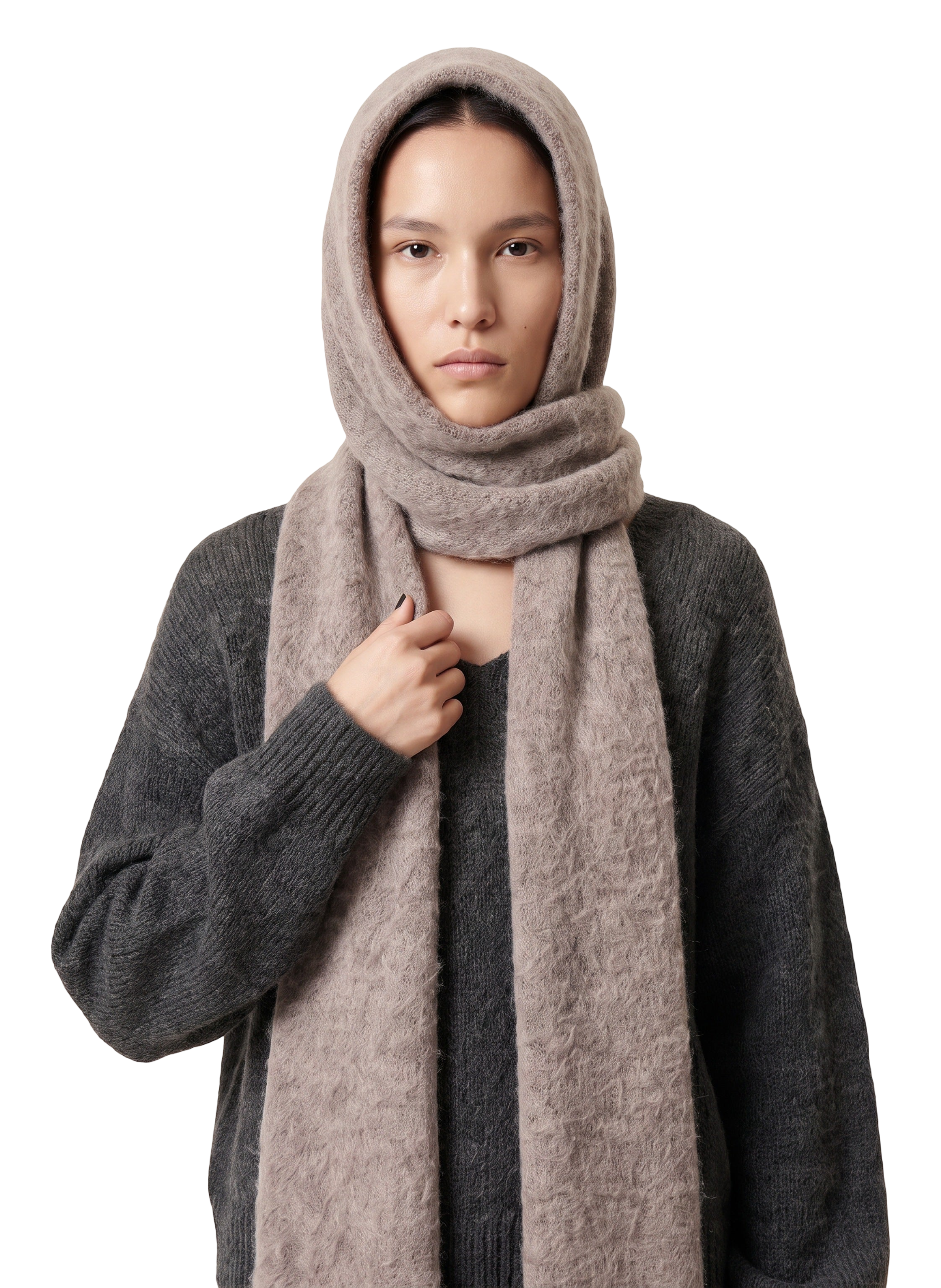 Penn Hooded Alpaca Scarf Light Taupe Model