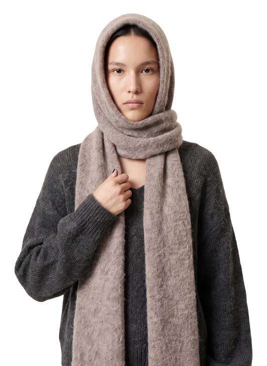 Penn Hooded Alpaca Scarf Light Taupe Model
