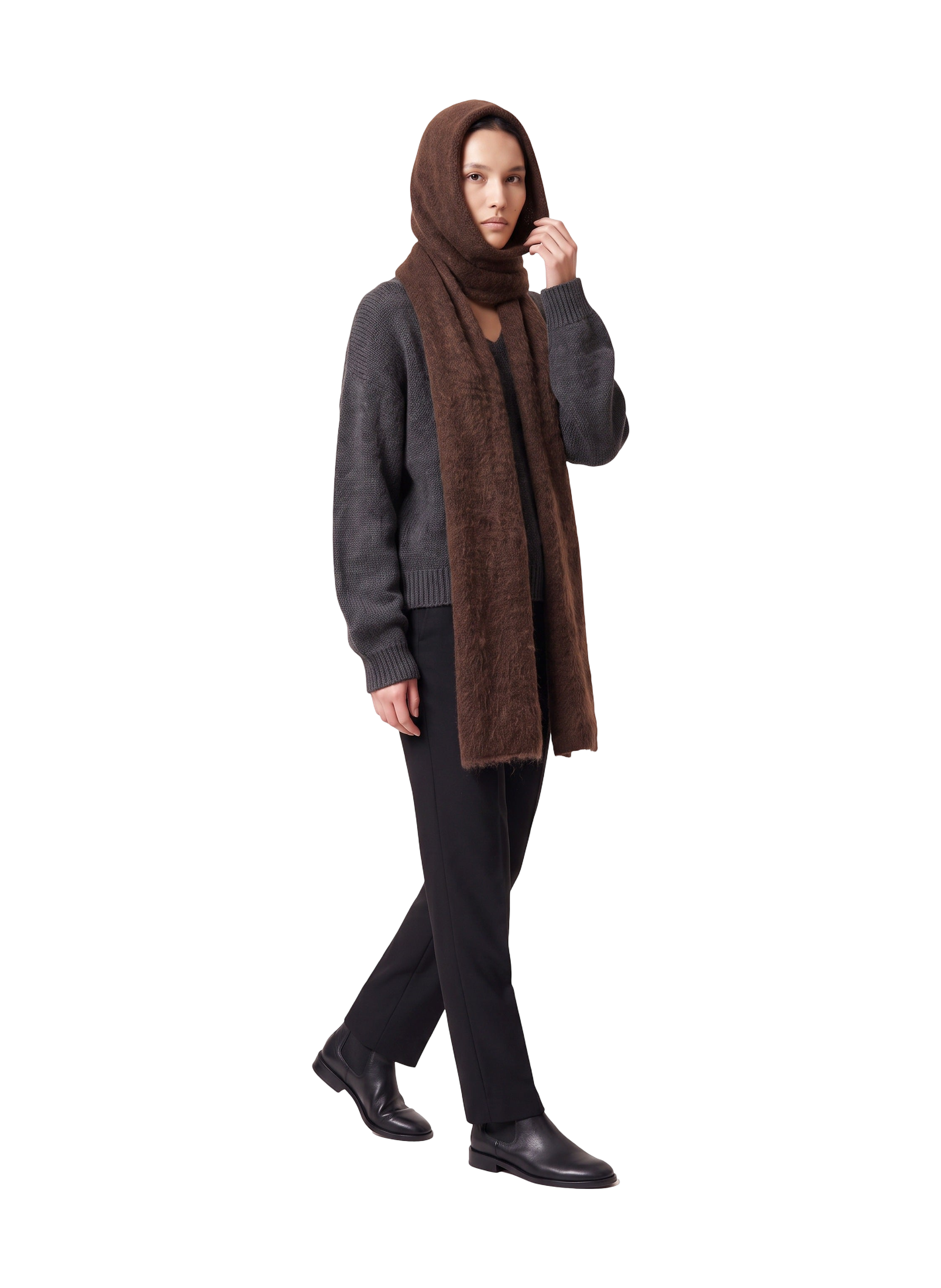 Penn Hooded Alpaca Scarf Cocoa Model