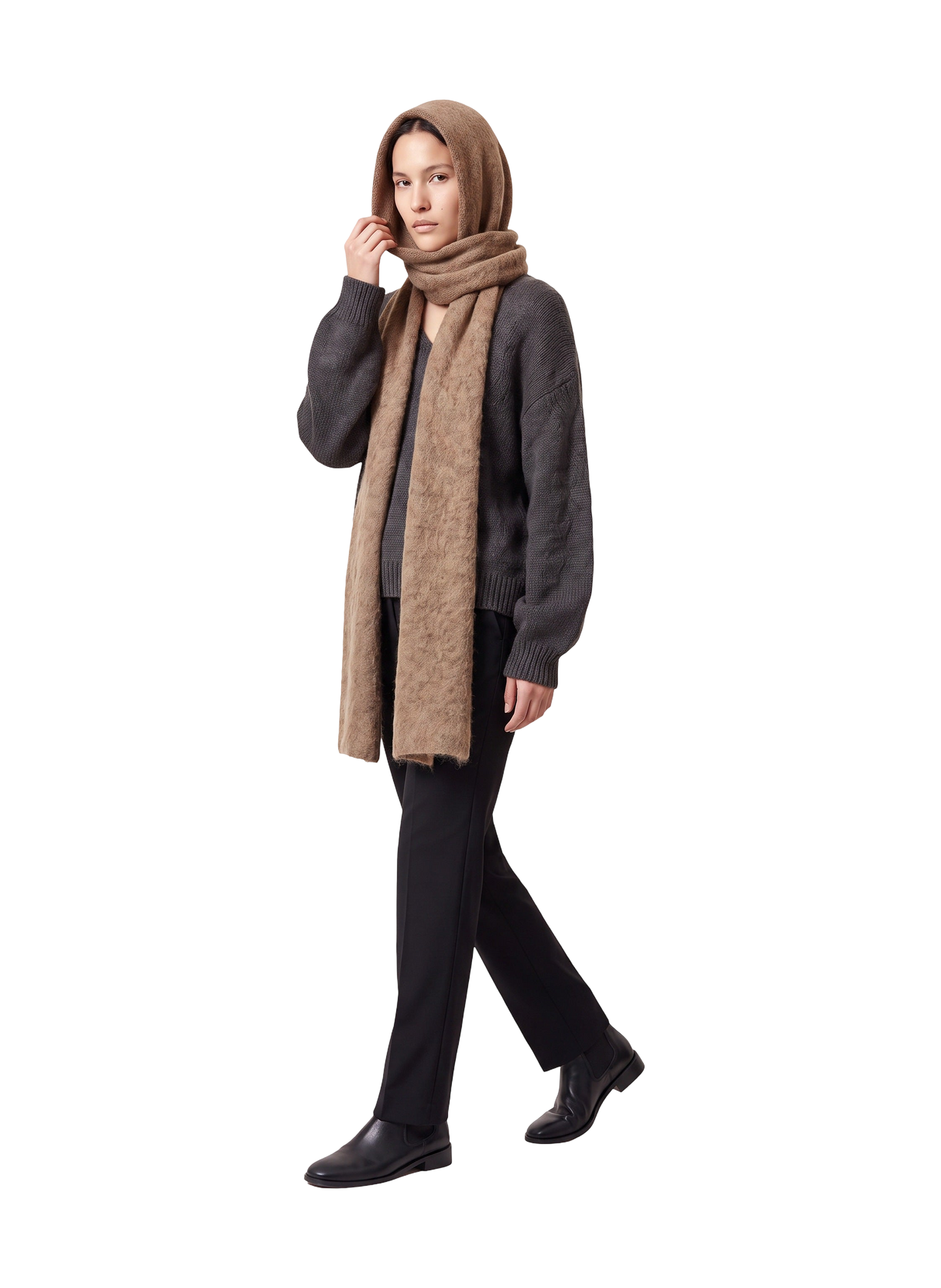 Penn Hooded Alpaca Scarf Medium Brown Model