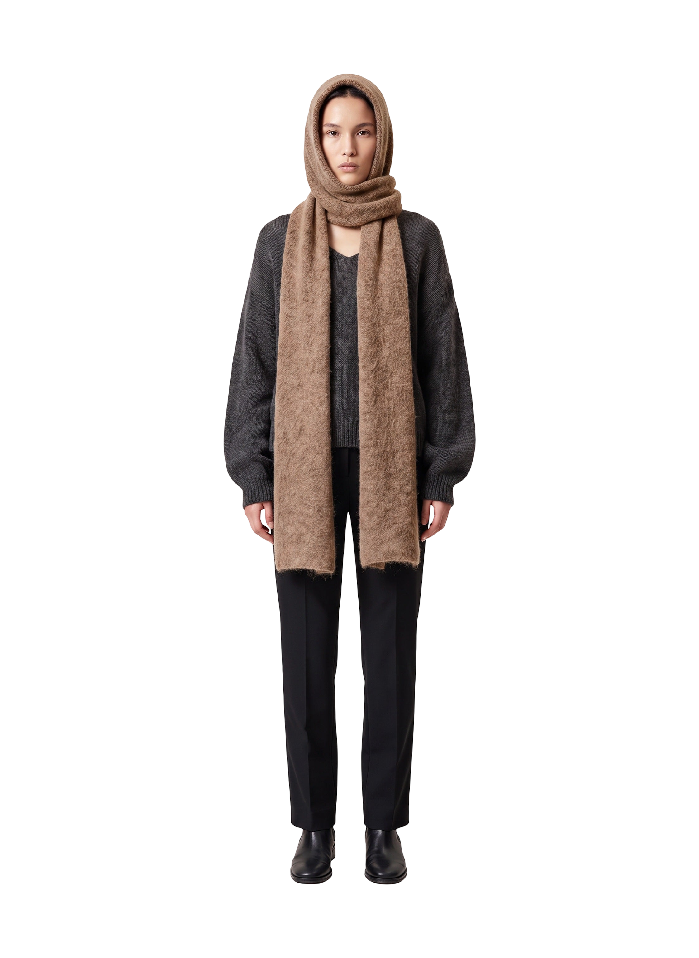 Penn Hooded Alpaca Scarf Medium Brown Model