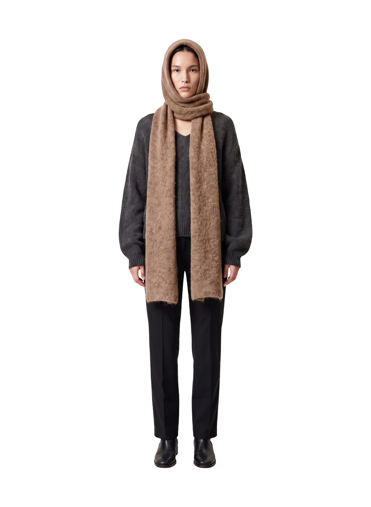 Penn Hooded Alpaca Scarf Medium Brown Model
