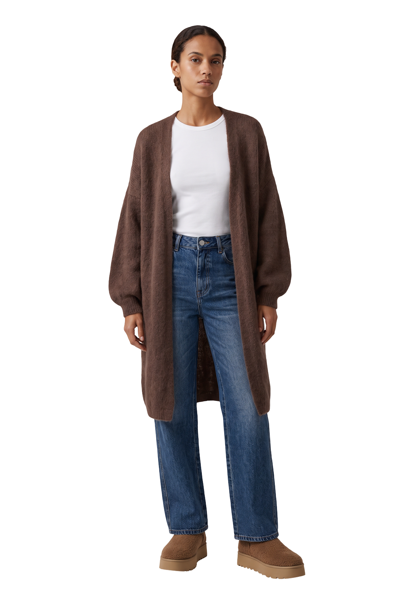 June Long Alpaca Cardigan With Hood Cocoa Brown - model