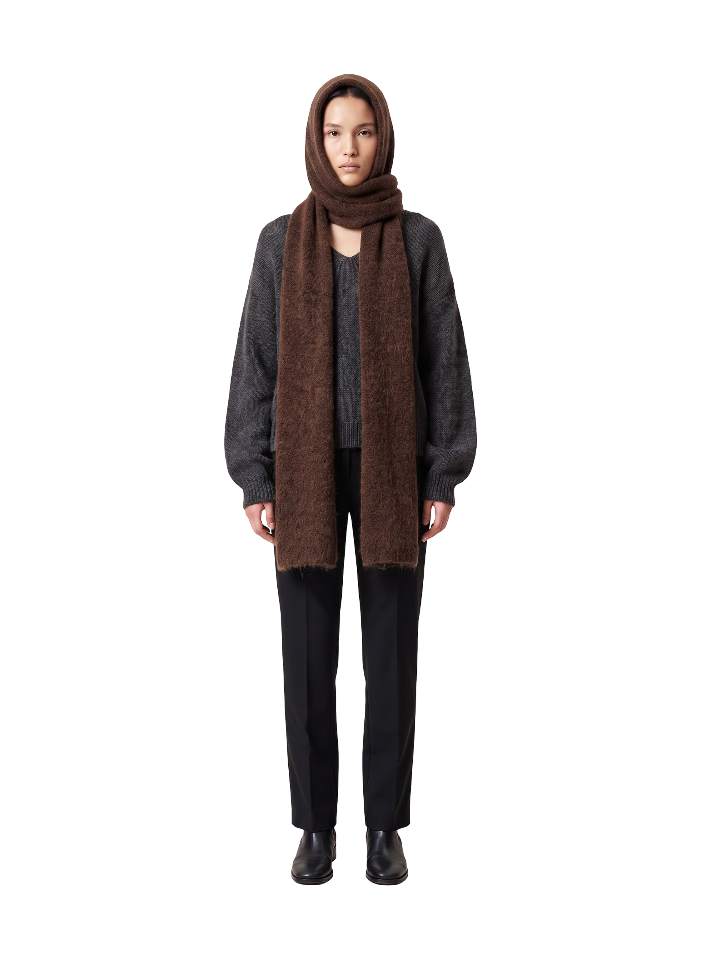 Penn Hooded Alpaca Scarf Cocoa Model