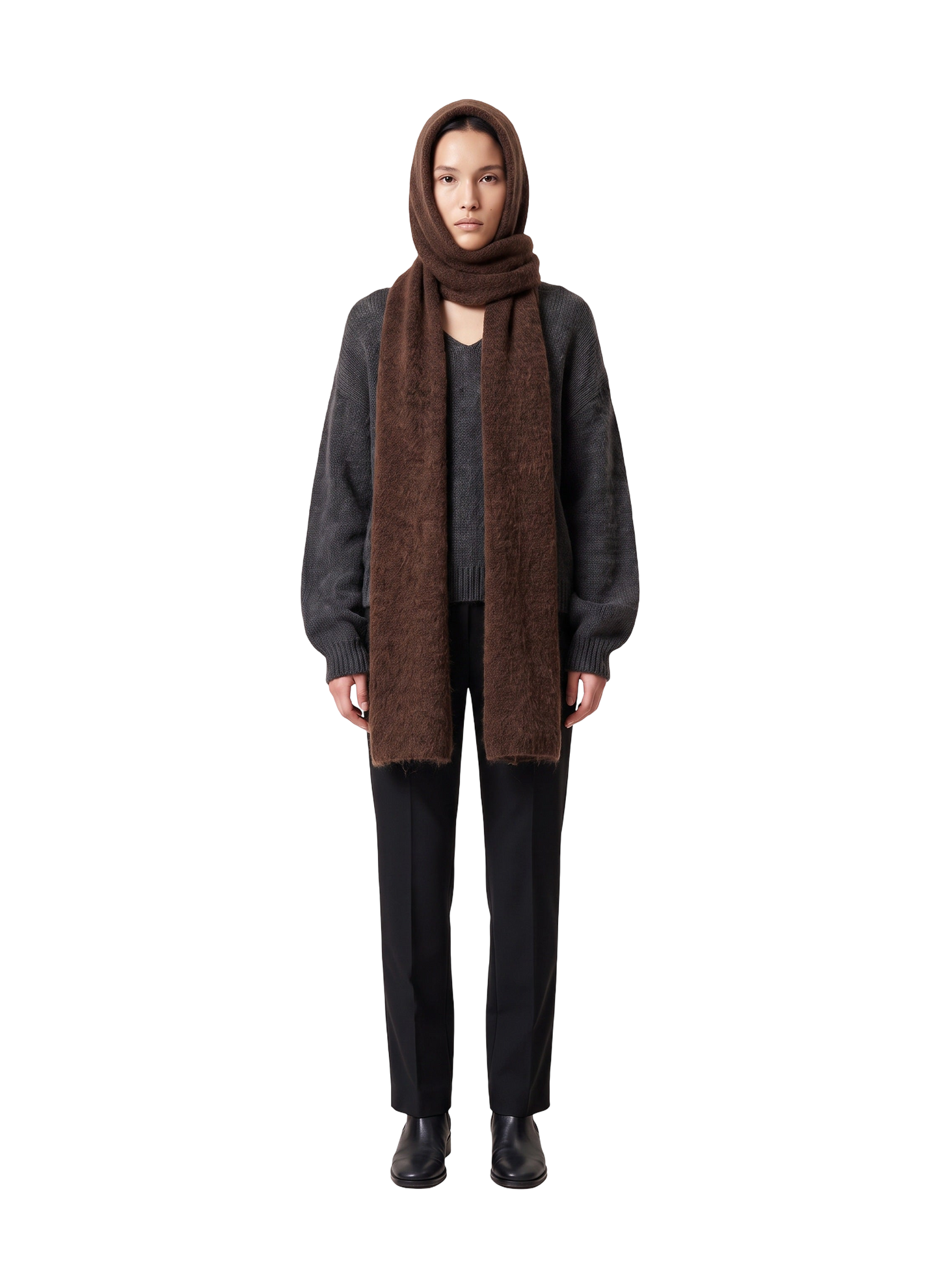 Penn Hooded Alpaca Scarf Cocoa Model