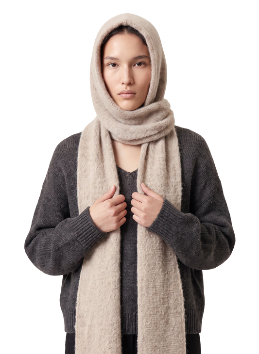 Penn Hooded Alpaca Scarf Beige Model