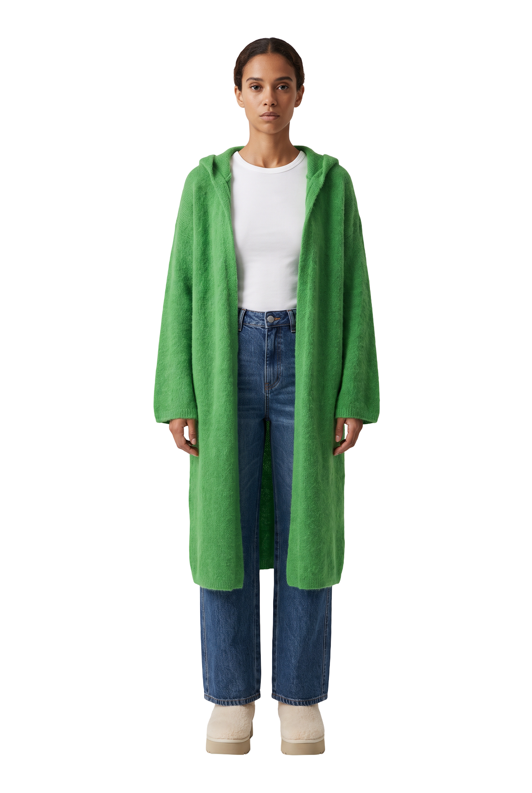 June Long Alpaca Cardigan With Hood Bright Green - model
