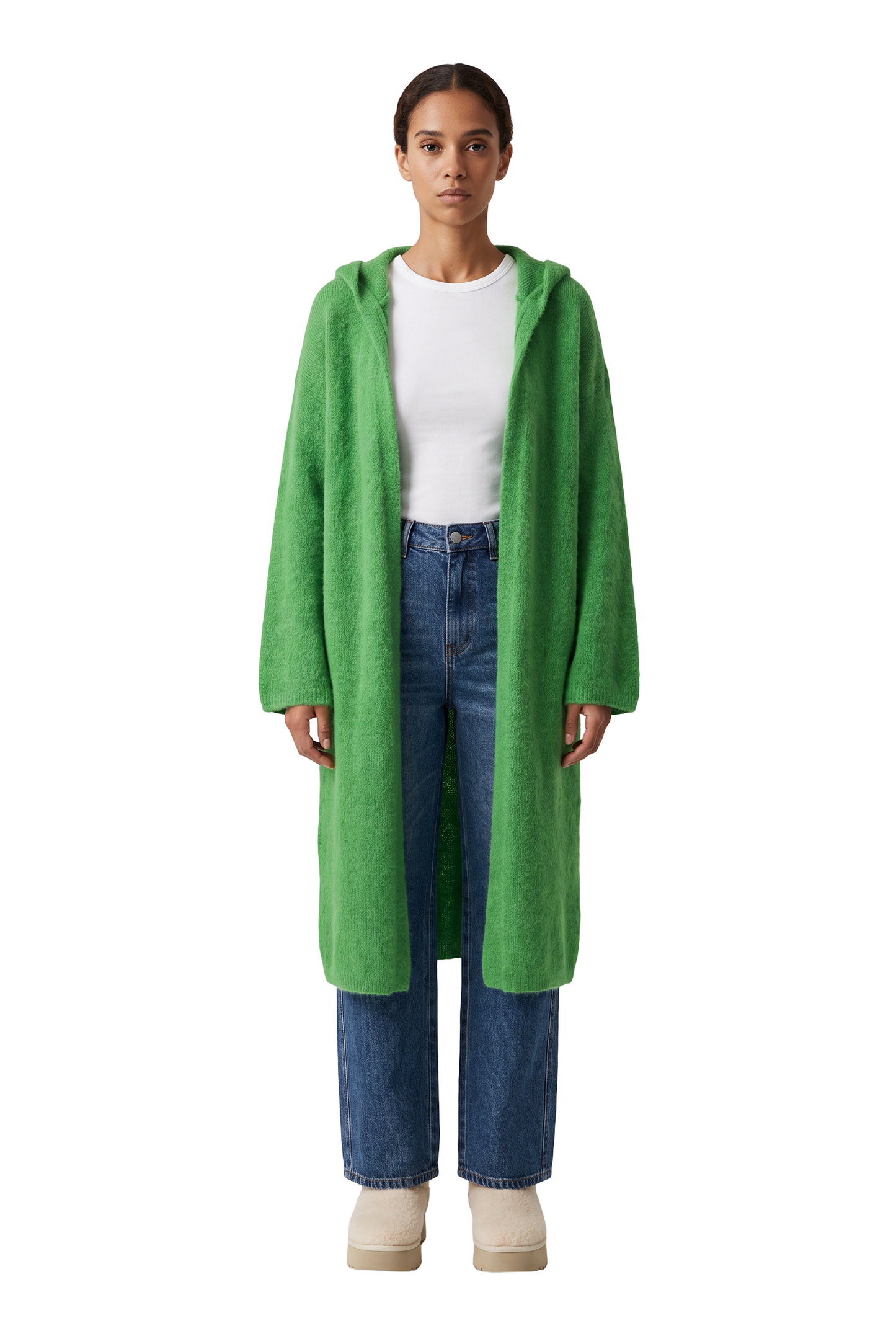 June Long Alpaca Cardigan With Hood Bright Green - model