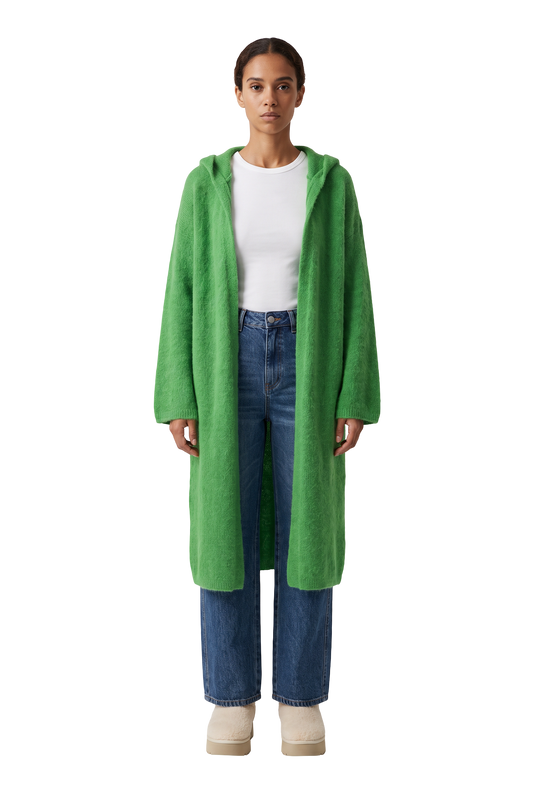 June Long Alpaca Cardigan With Hood Bright Green - model