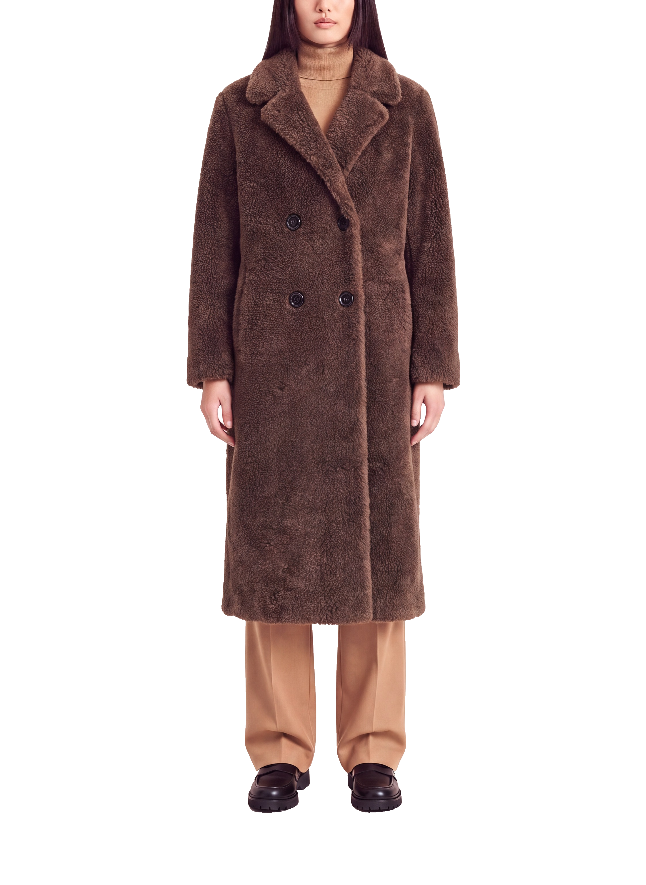 Fiona Long Coat Without Fur Chocolate Brown Model Front