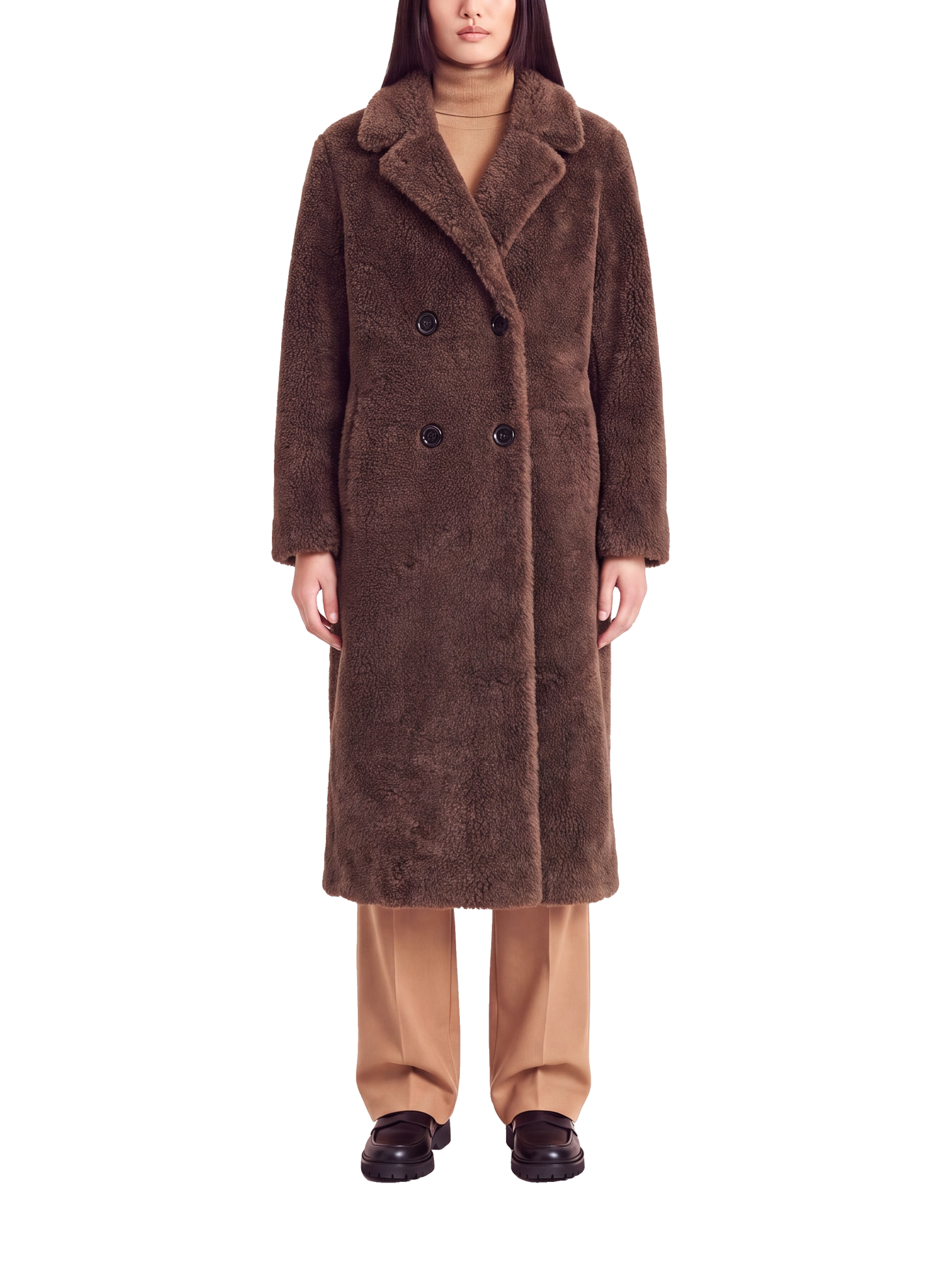 Fiona Long Coat Without Fur Chocolate Brown Model Front
